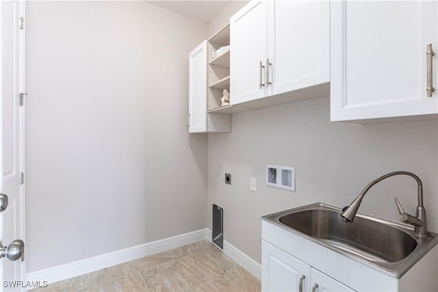 laundry area featuring washer hookup, sink, cabinets, and electric dryer hookup