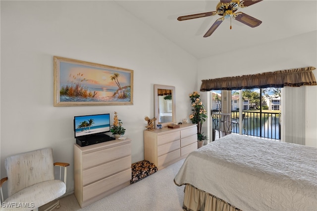 bedroom with access to outside, light colored carpet, ceiling fan, and vaulted ceiling