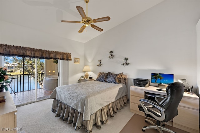 bedroom featuring ceiling fan, access to exterior, high vaulted ceiling, and light carpet