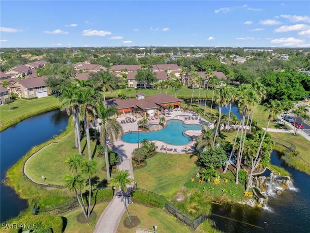 drone / aerial view featuring a water view