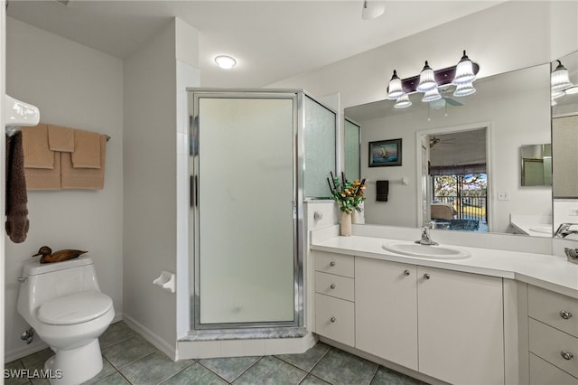 bathroom with ceiling fan, vanity, toilet, and a shower with door