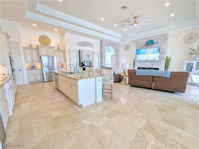 kitchen with appliances with stainless steel finishes, a tray ceiling, a sink, and an island with sink