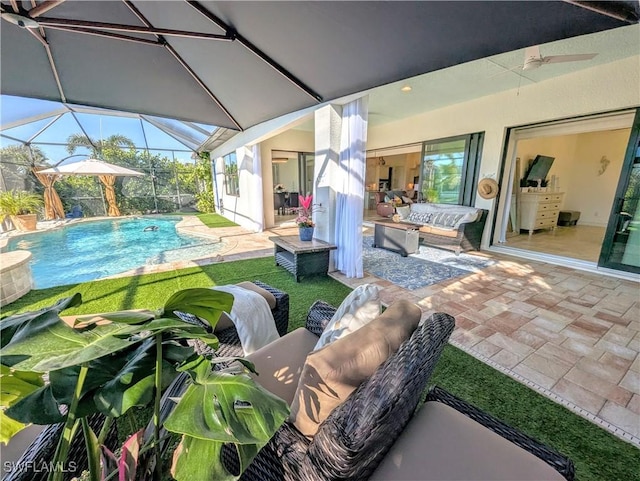 view of patio featuring a lanai, an outdoor pool, and outdoor lounge area