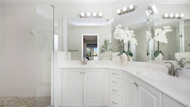 bathroom with a shower with door and vanity