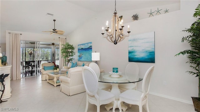 dining room featuring ceiling fan with notable chandelier and high vaulted ceiling