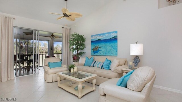 tiled living room featuring high vaulted ceiling and ceiling fan