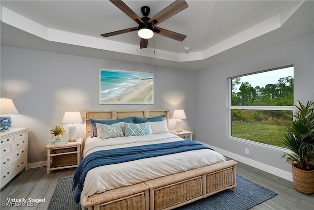 bedroom featuring a tray ceiling and ceiling fan