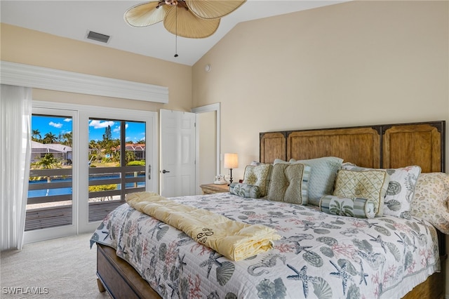 bedroom featuring access to exterior, light colored carpet, high vaulted ceiling, and ceiling fan