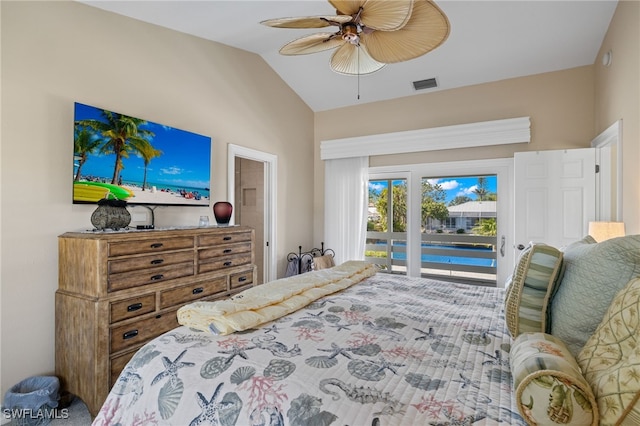 bedroom featuring ceiling fan, lofted ceiling, and access to outside