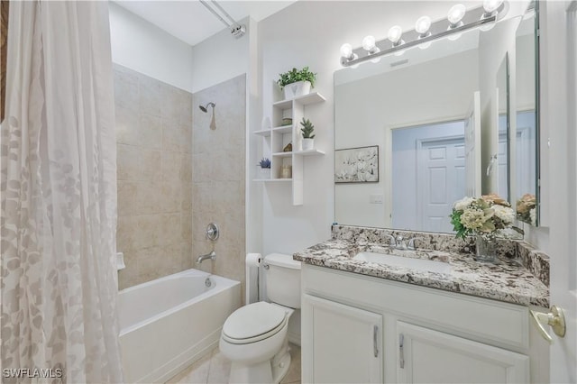 full bathroom featuring shower / tub combo with curtain, vanity, toilet, and tile patterned flooring