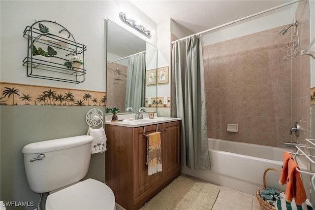 bathroom with vanity, tile patterned floors, toilet, and shower / tub combo with curtain