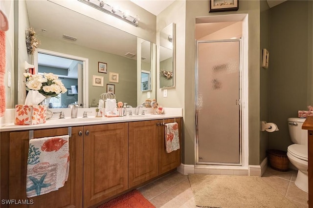 full bathroom featuring a sink, tile patterned flooring, a shower stall, and toilet