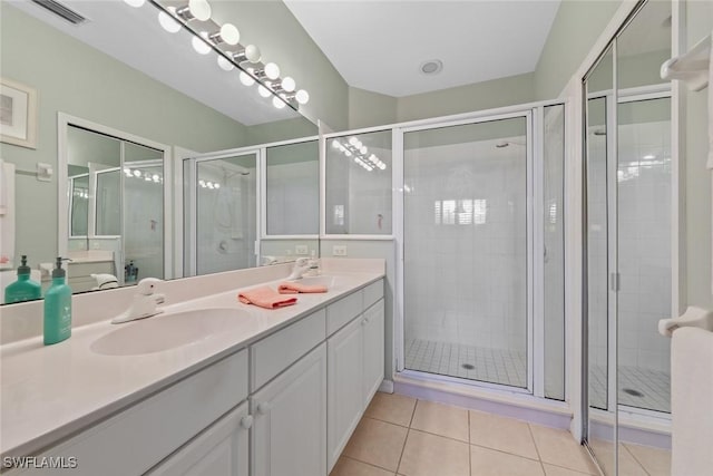 bathroom with tile patterned flooring, vanity, and an enclosed shower