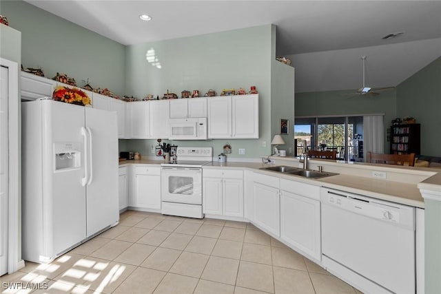 kitchen featuring white cabinetry, white appliances, and sink