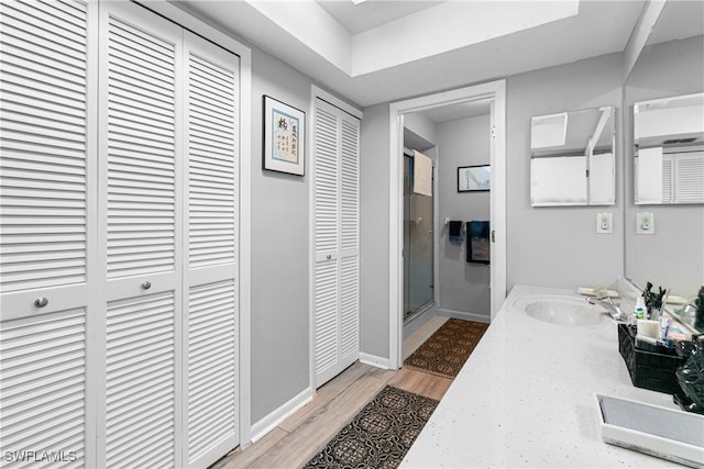 bathroom featuring vanity, hardwood / wood-style floors, and walk in shower