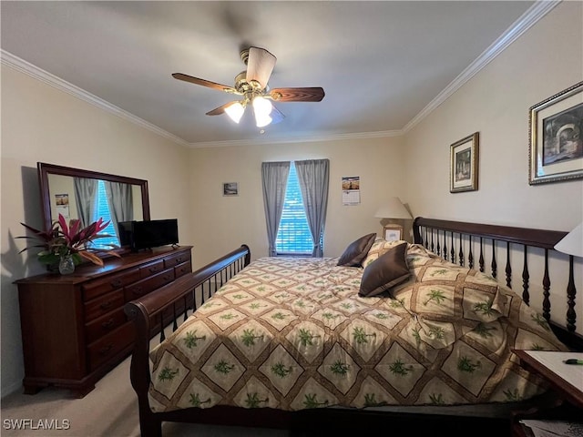 bedroom featuring light carpet, a ceiling fan, and crown molding