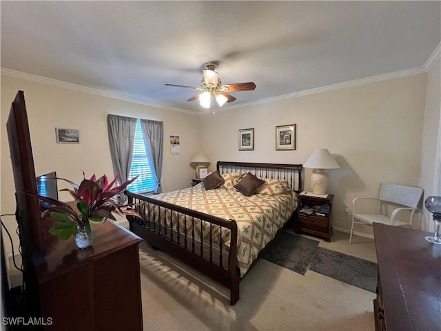 bedroom with ornamental molding, carpet flooring, ceiling fan, and baseboards