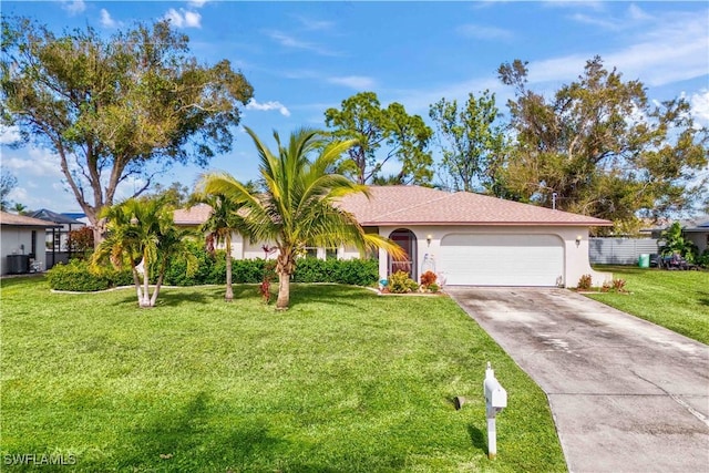 single story home featuring central AC, a garage, and a front yard