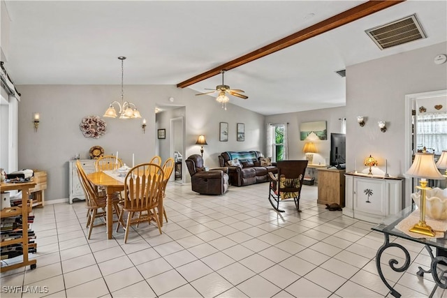 dining space featuring lofted ceiling with beams, ceiling fan with notable chandelier, and light tile patterned floors