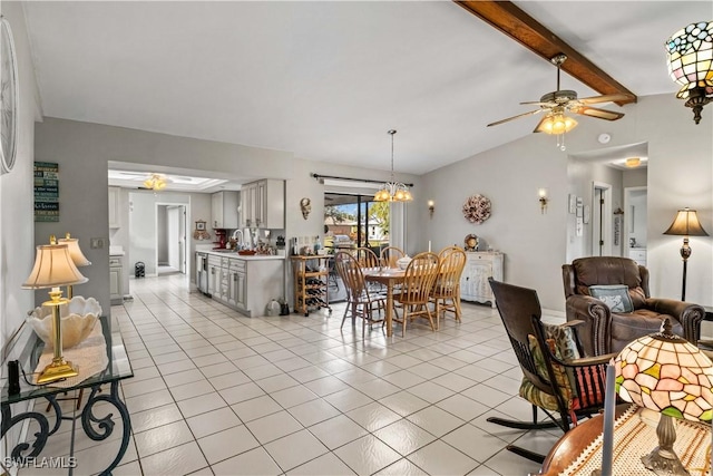 tiled living room featuring sink, ceiling fan with notable chandelier, and vaulted ceiling with beams