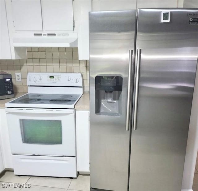 kitchen featuring under cabinet range hood, white cabinetry, white range with electric stovetop, and stainless steel fridge with ice dispenser