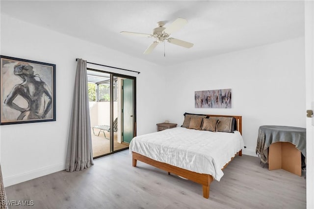 bedroom with access to exterior, ceiling fan, and light hardwood / wood-style flooring