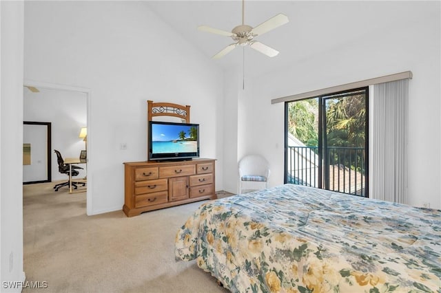 bedroom featuring light carpet, access to exterior, high vaulted ceiling, and ceiling fan