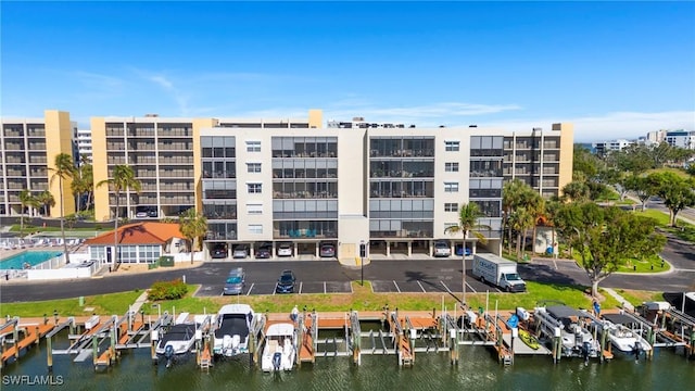 view of building exterior featuring a water view