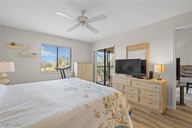 bedroom featuring ceiling fan, access to exterior, and light hardwood / wood-style flooring