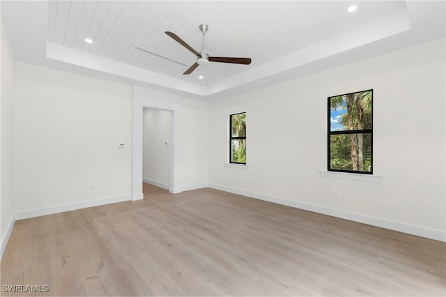 unfurnished room with light hardwood / wood-style flooring, a tray ceiling, and plenty of natural light