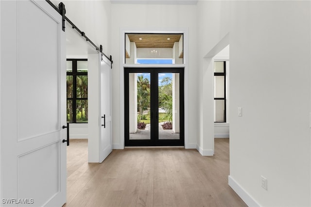 doorway with plenty of natural light, a barn door, and light wood-type flooring