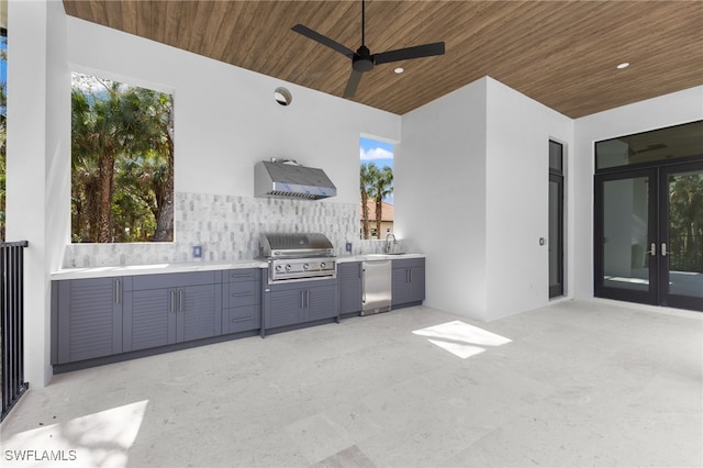 view of patio with french doors, sink, grilling area, ceiling fan, and exterior kitchen