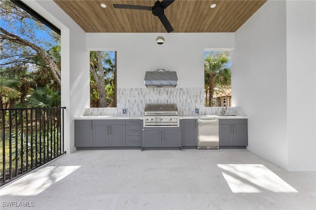 view of patio with sink, grilling area, ceiling fan, and exterior kitchen