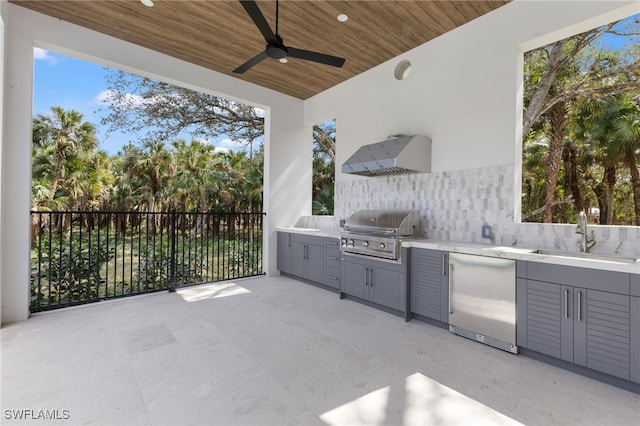 view of patio / terrace featuring an outdoor kitchen, a grill, sink, and ceiling fan