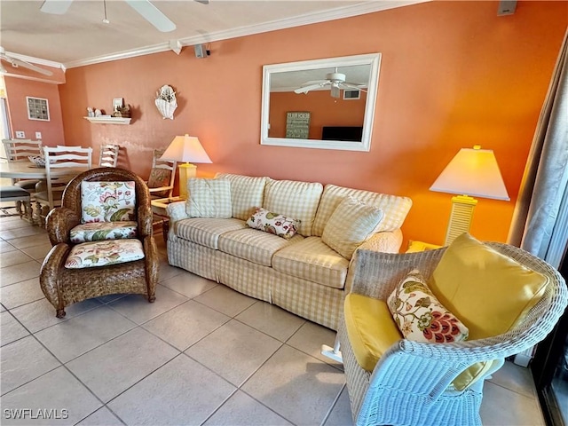 tiled living room featuring ornamental molding and ceiling fan