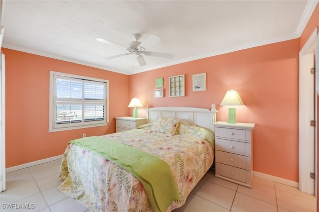 bedroom featuring light tile patterned floors, ornamental molding, and ceiling fan