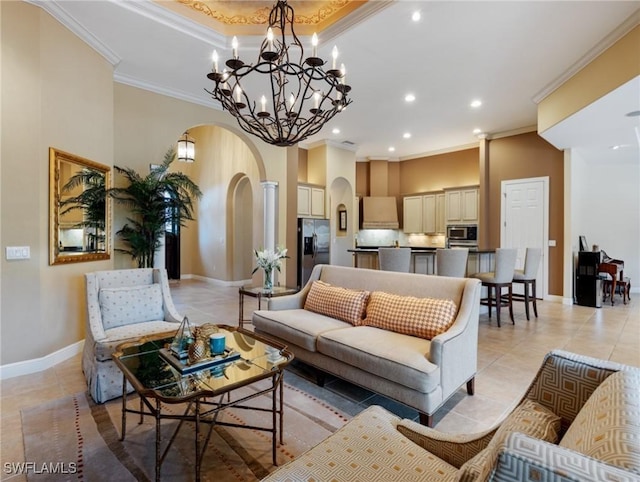 tiled living room featuring crown molding