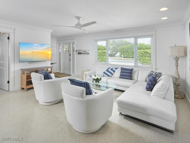 living room featuring recessed lighting, crown molding, and baseboards