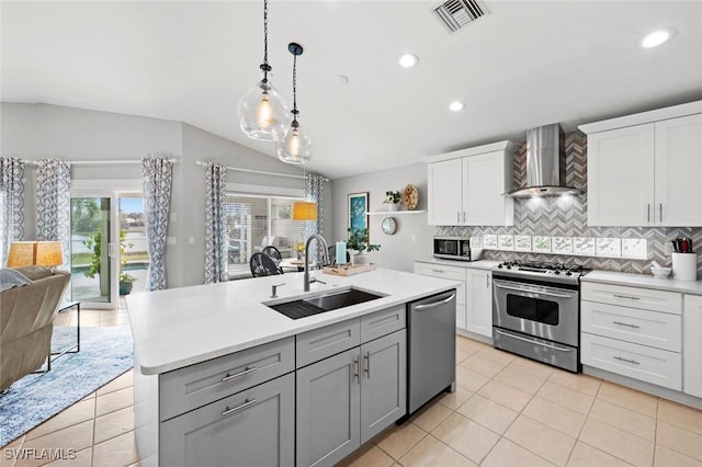 kitchen featuring sink, wall chimney range hood, gray cabinets, stainless steel appliances, and white cabinets