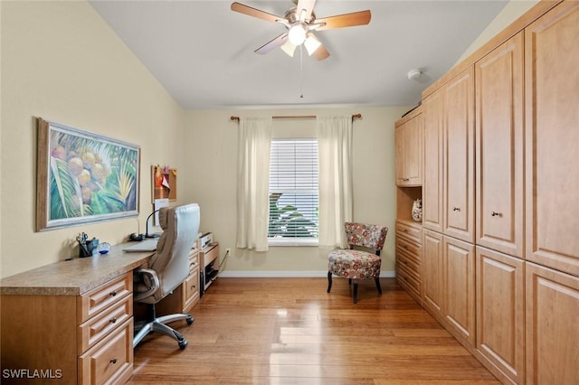 home office featuring ceiling fan and light hardwood / wood-style flooring