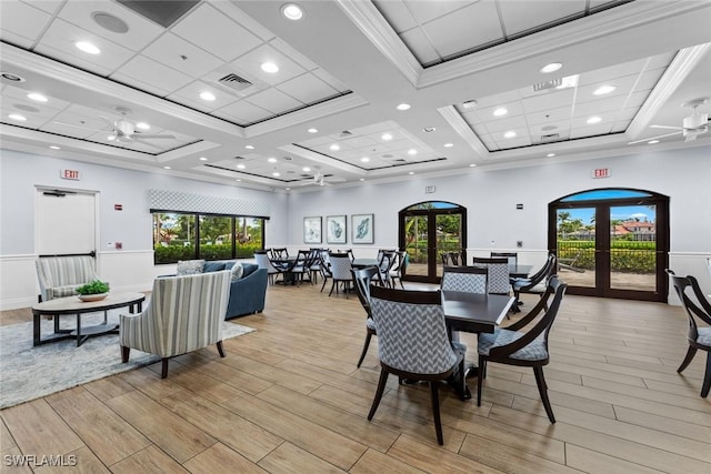 dining area with french doors, ornamental molding, coffered ceiling, and beam ceiling