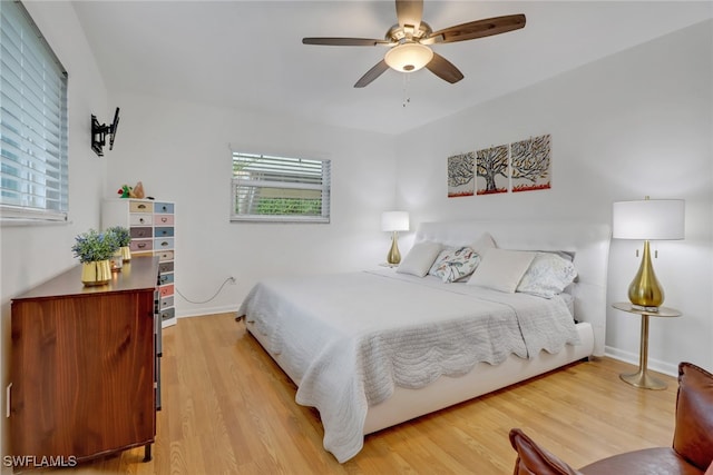 bedroom featuring ceiling fan and light wood-type flooring