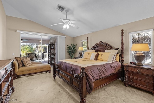 bedroom with multiple windows, access to exterior, lofted ceiling, and ceiling fan