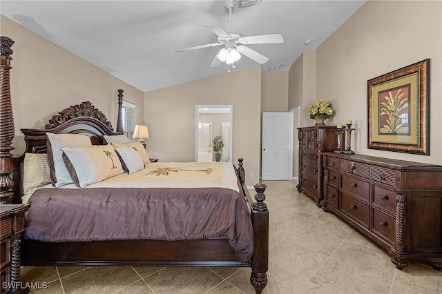 bedroom featuring ensuite bathroom, vaulted ceiling, and ceiling fan