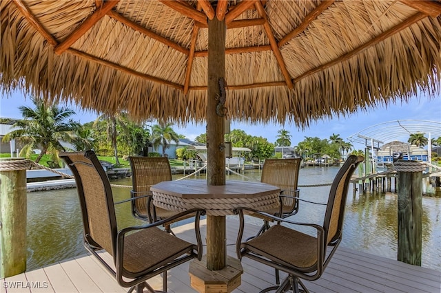 dock area featuring a water view and a gazebo