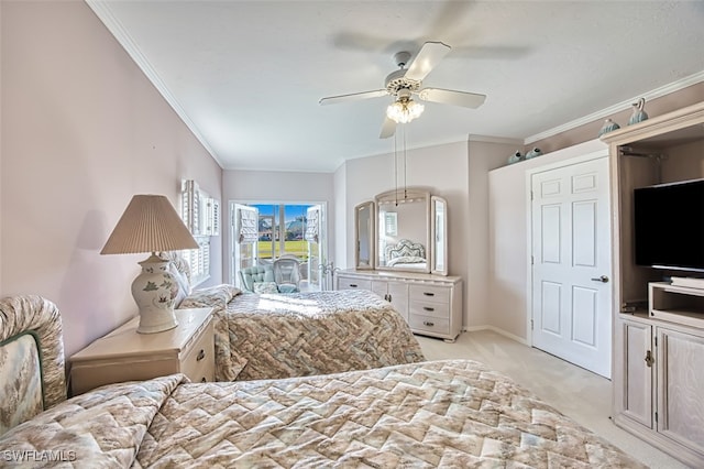 carpeted bedroom featuring crown molding, ceiling fan, and access to exterior