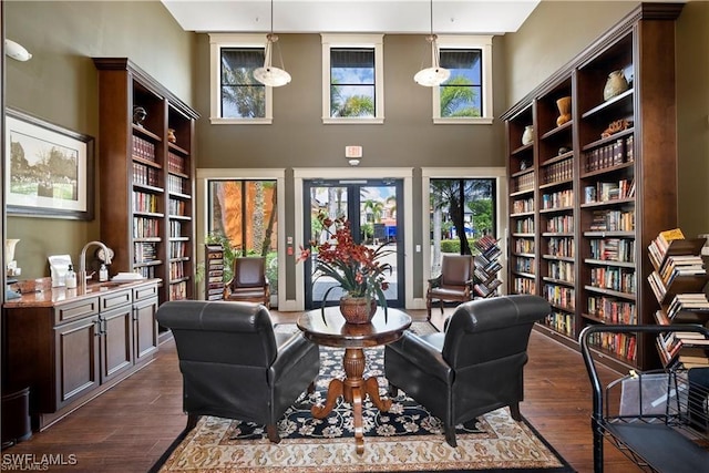 sitting room with a high ceiling, sink, and dark hardwood / wood-style flooring