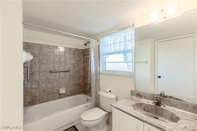 full bathroom featuring vanity, shower / bathtub combination with curtain, and toilet