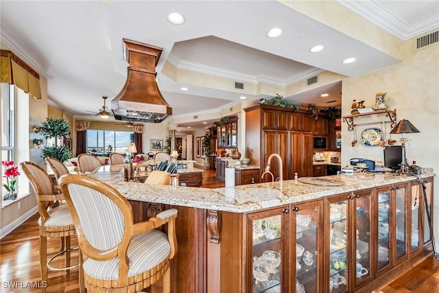 kitchen featuring light stone counters, dark hardwood / wood-style floors, and kitchen peninsula