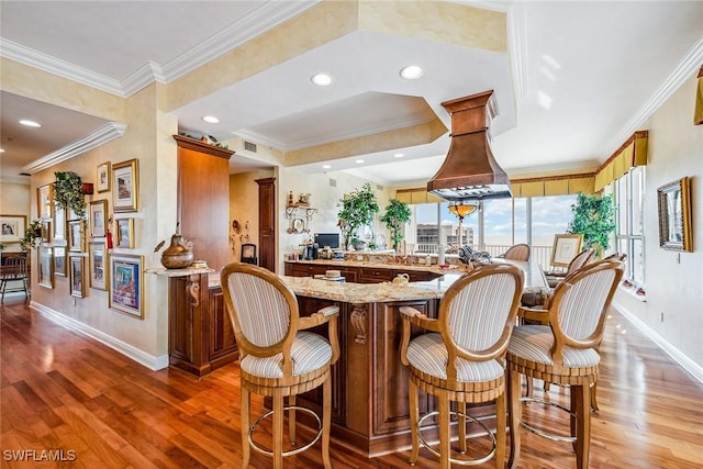 kitchen with light stone counters, crown molding, dark wood-type flooring, and kitchen peninsula